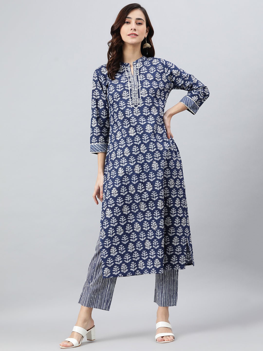 Navy Blue Cotton Embroidered Kurta Pant Set - DWEEP SARA