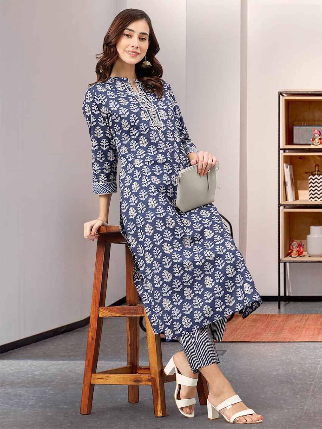 Navy Blue Cotton Embroidered Kurta Pant Set - DWEEP SARA