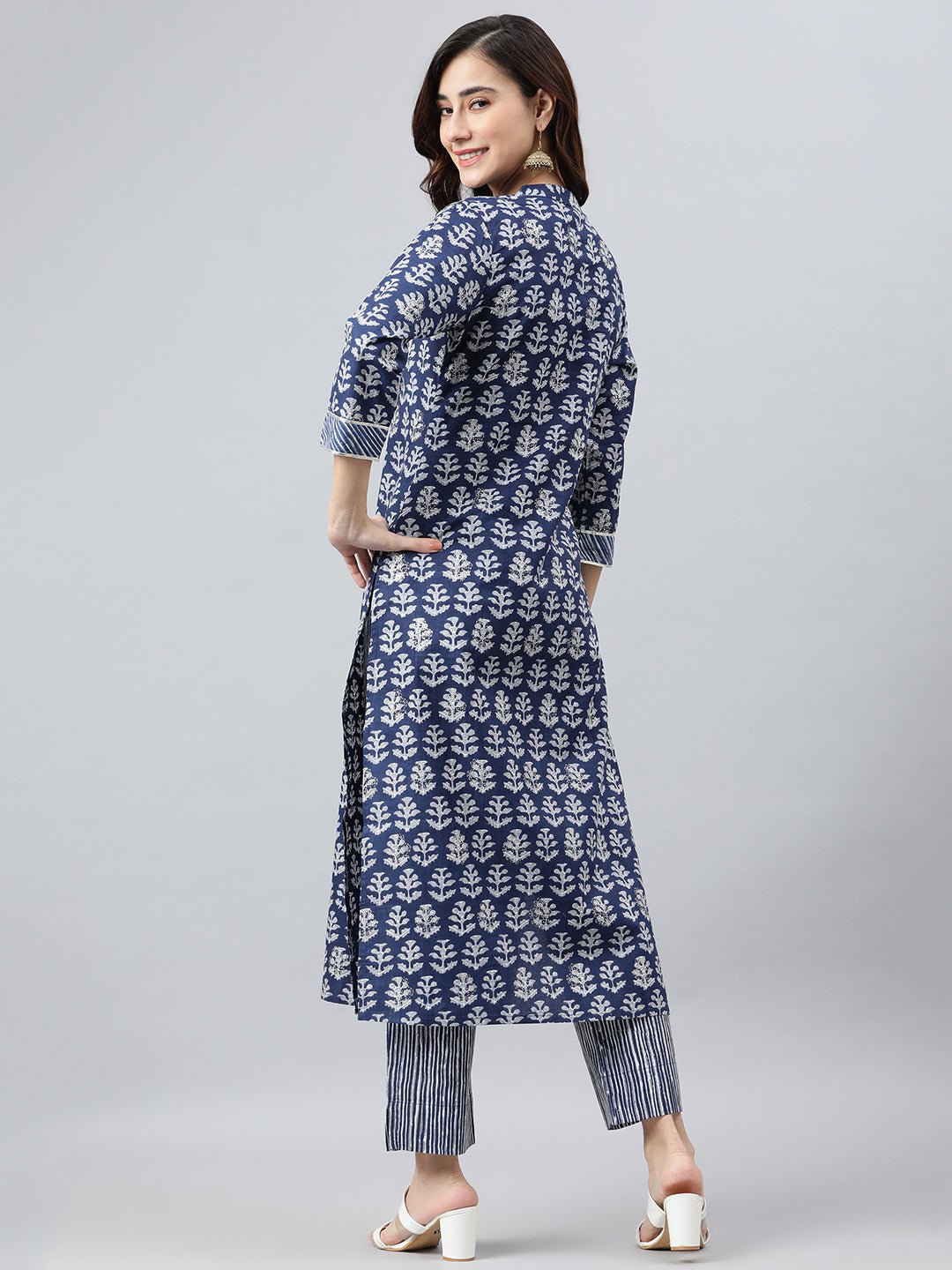 Navy Blue Cotton Embroidered Kurta Pant Set - DWEEP SARA