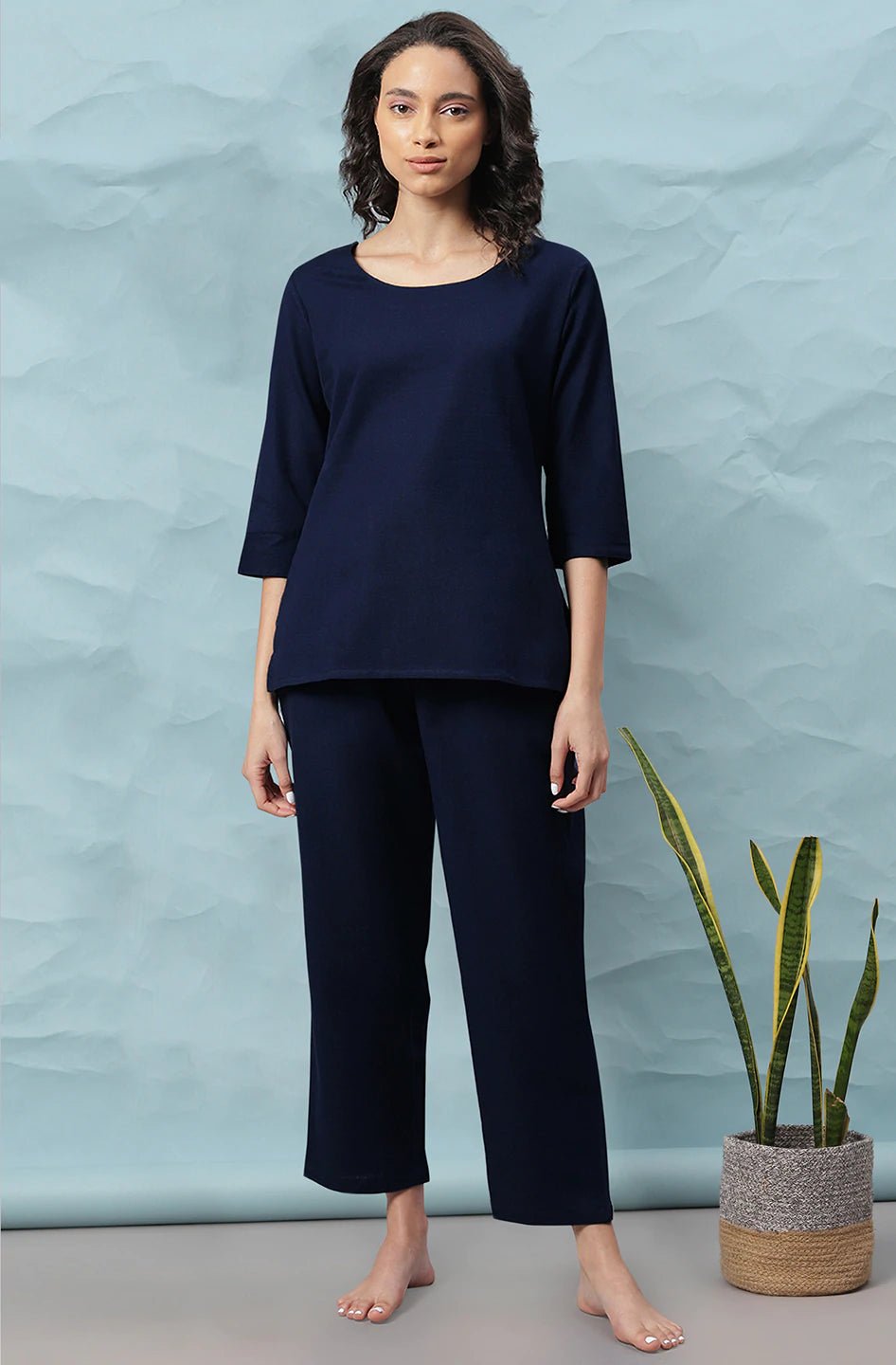 Navy Blue Cotton Flex Night Set - DWEEP SARA