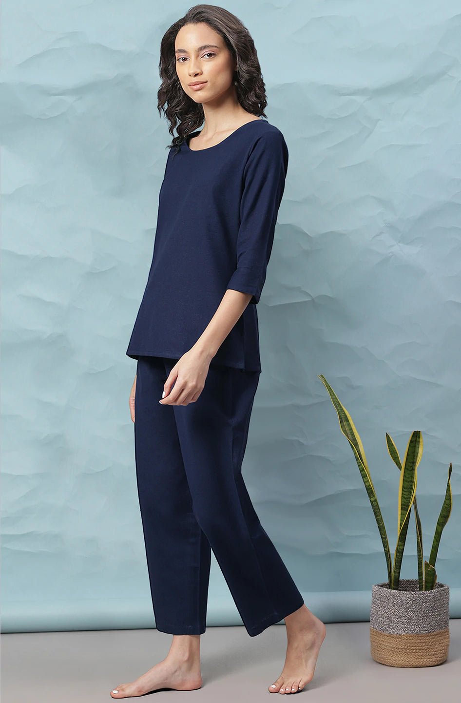 Navy Blue Cotton Flex Night Set - DWEEP SARA