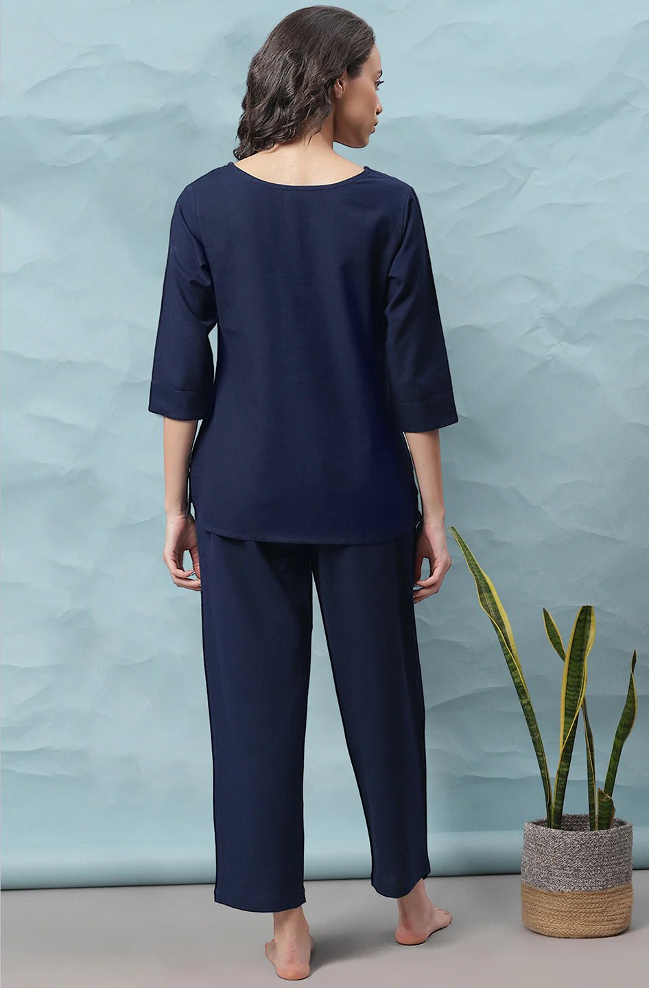 Navy Blue Cotton Flex Night Set - DWEEP SARA