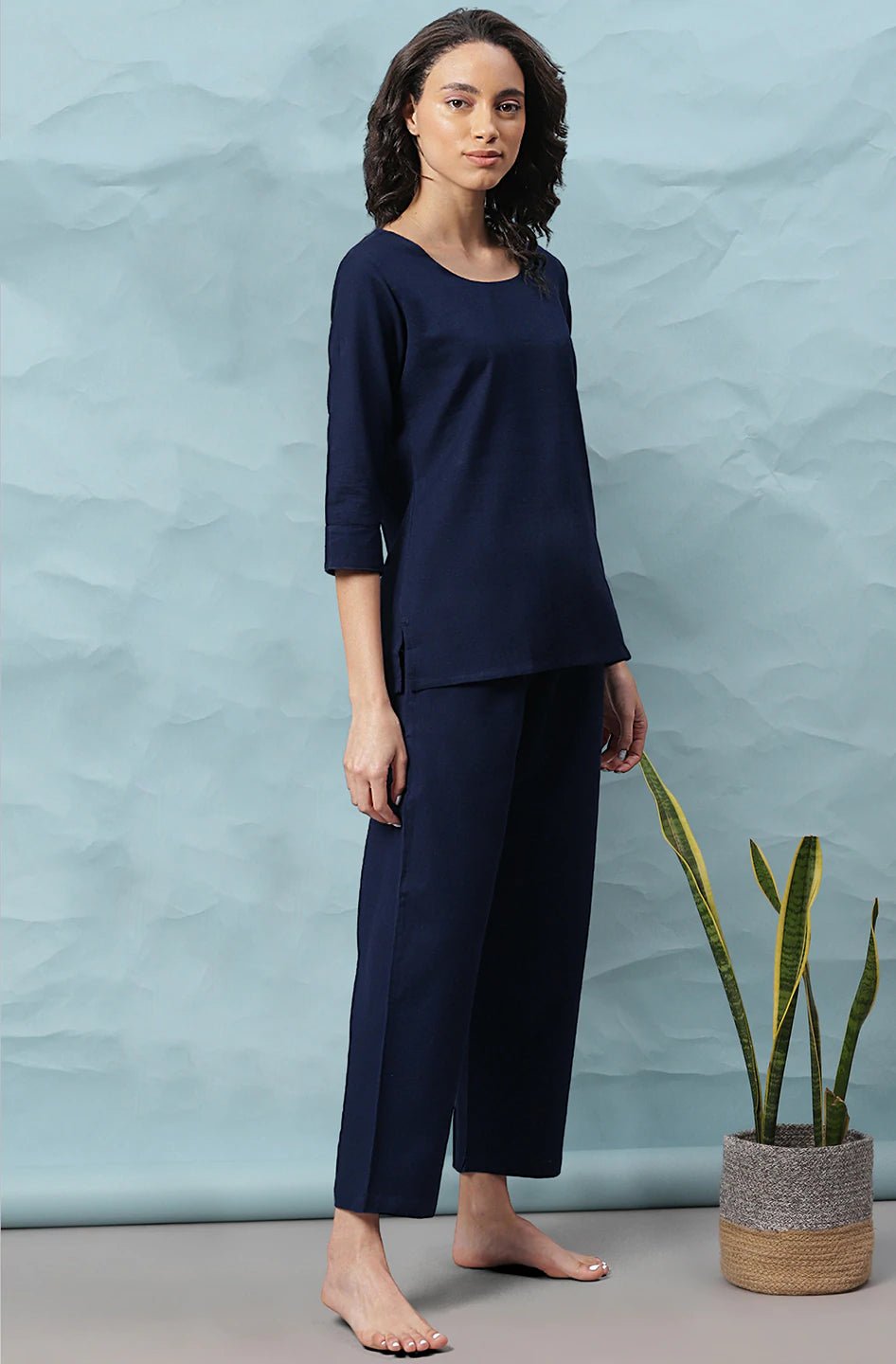 Navy Blue Cotton Flex Night Set - DWEEP SARA