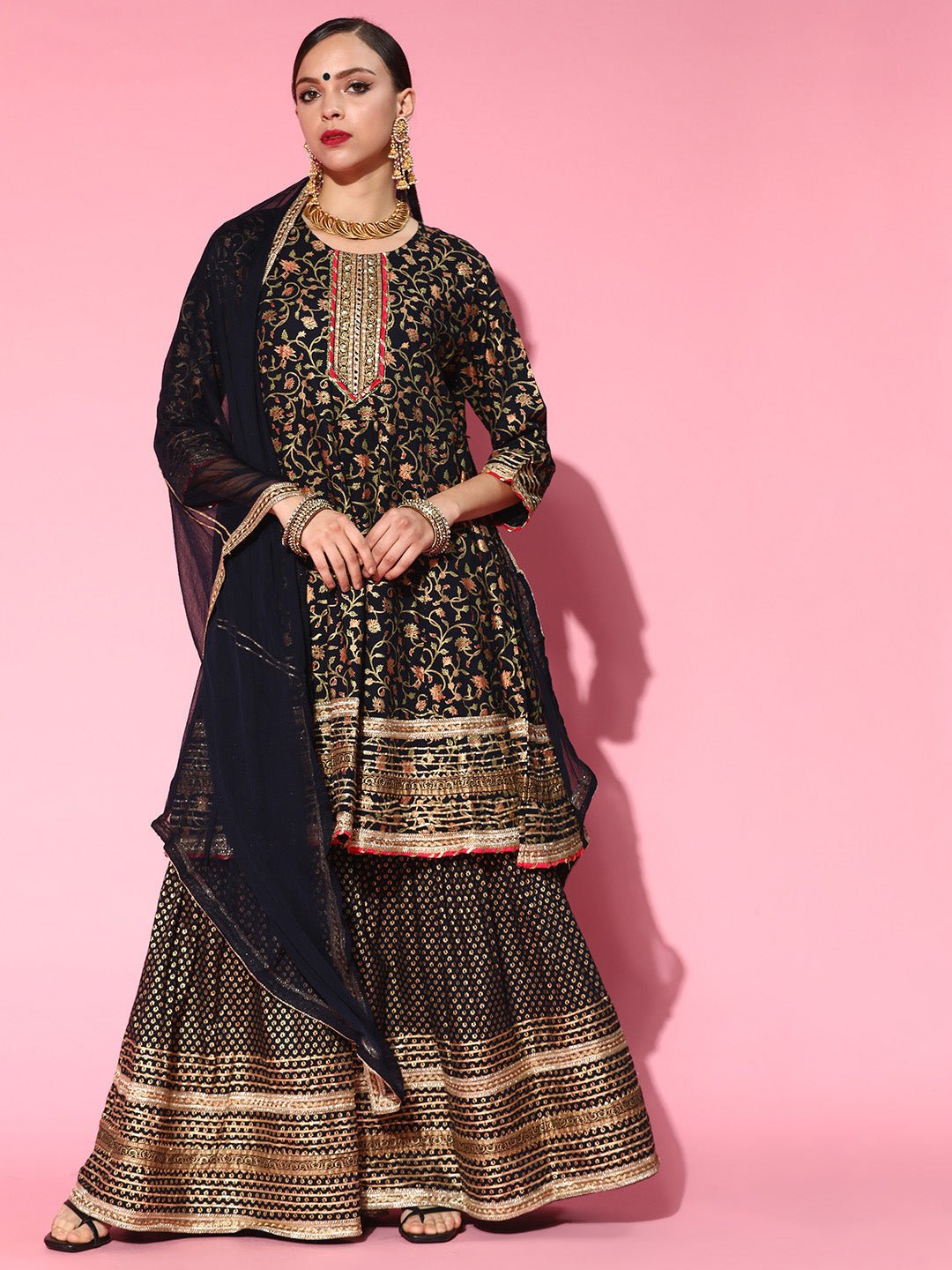 Navy Blue Embroidered Anarkali Sharara Set - DWEEP SARA