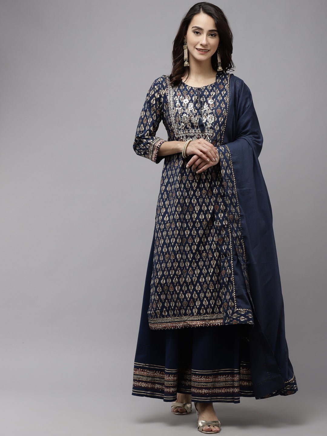 Navy Blue Embroidered Suit Set - DWEEP SARA