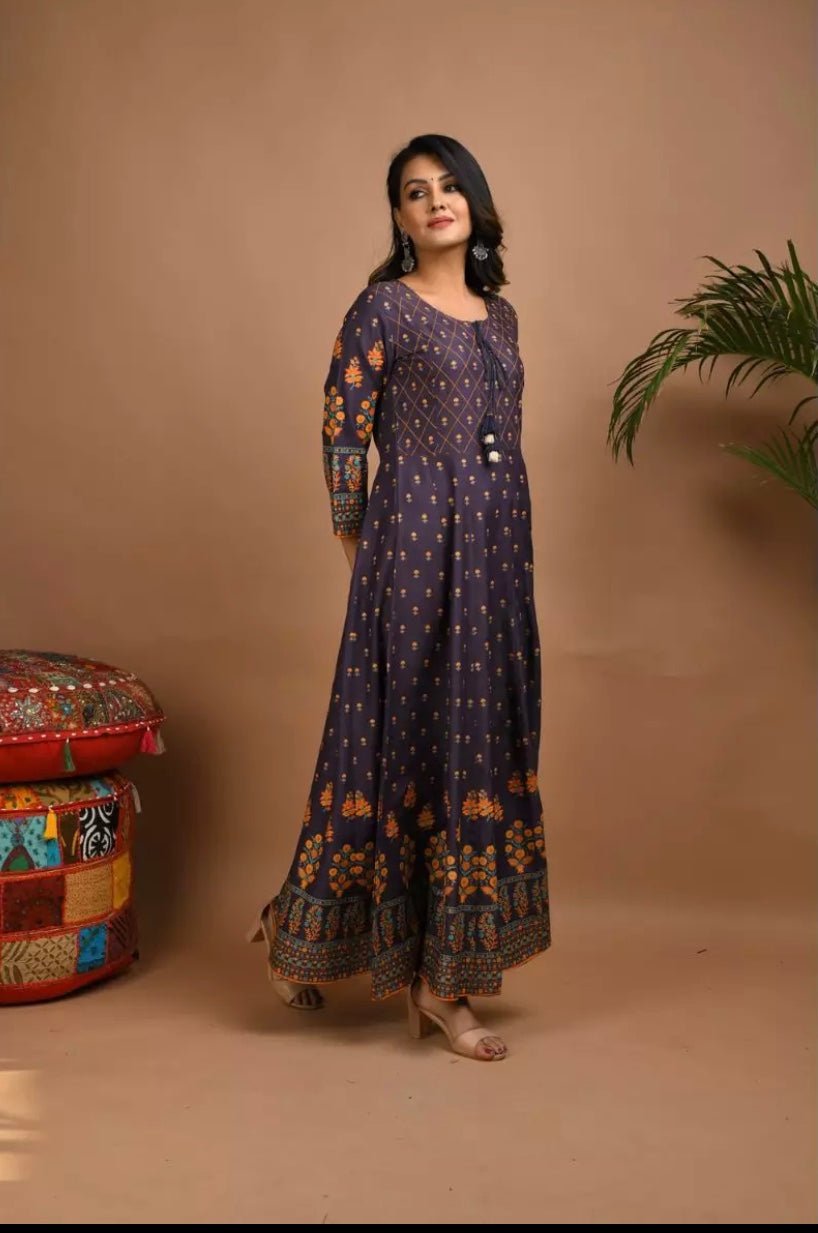 Navy Blue Gold & Peach Printed Rayon Dress - DWEEP SARA