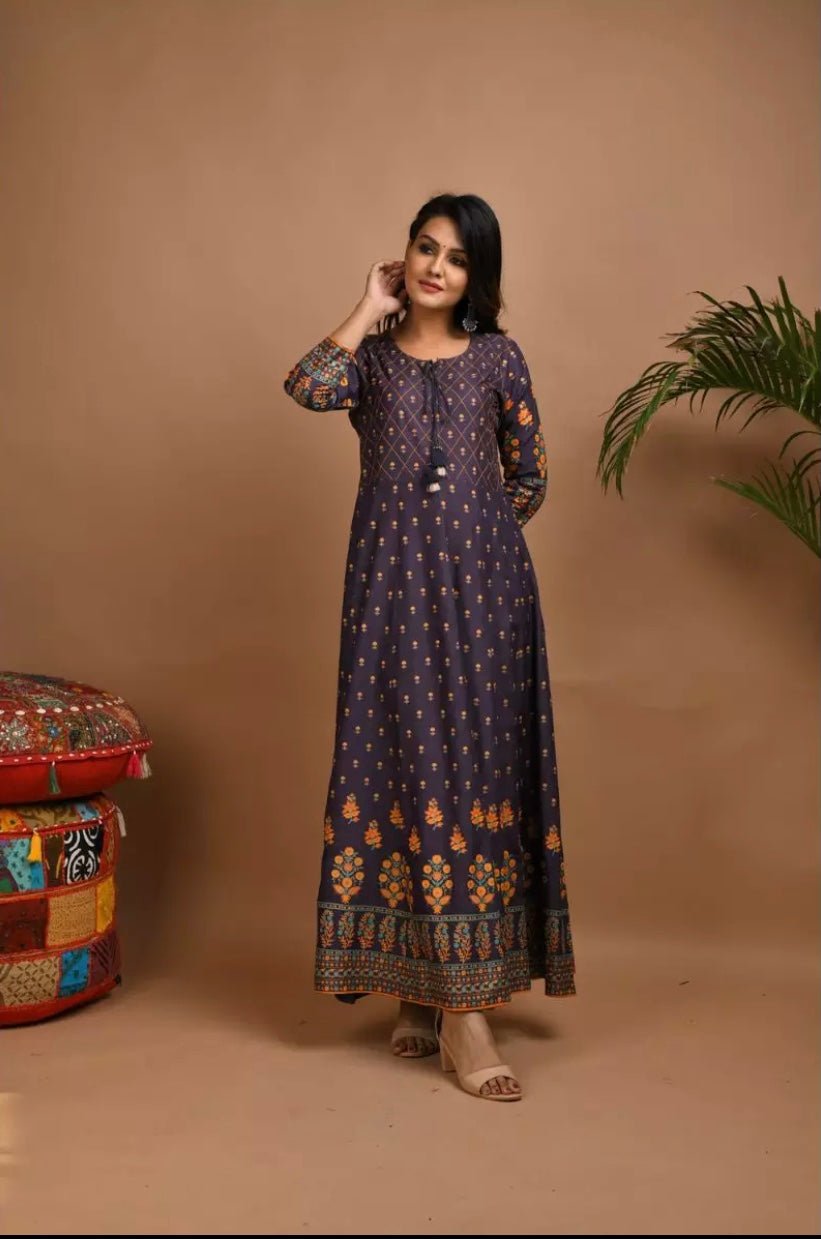 Navy Blue Gold & Peach Printed Rayon Dress - DWEEP SARA