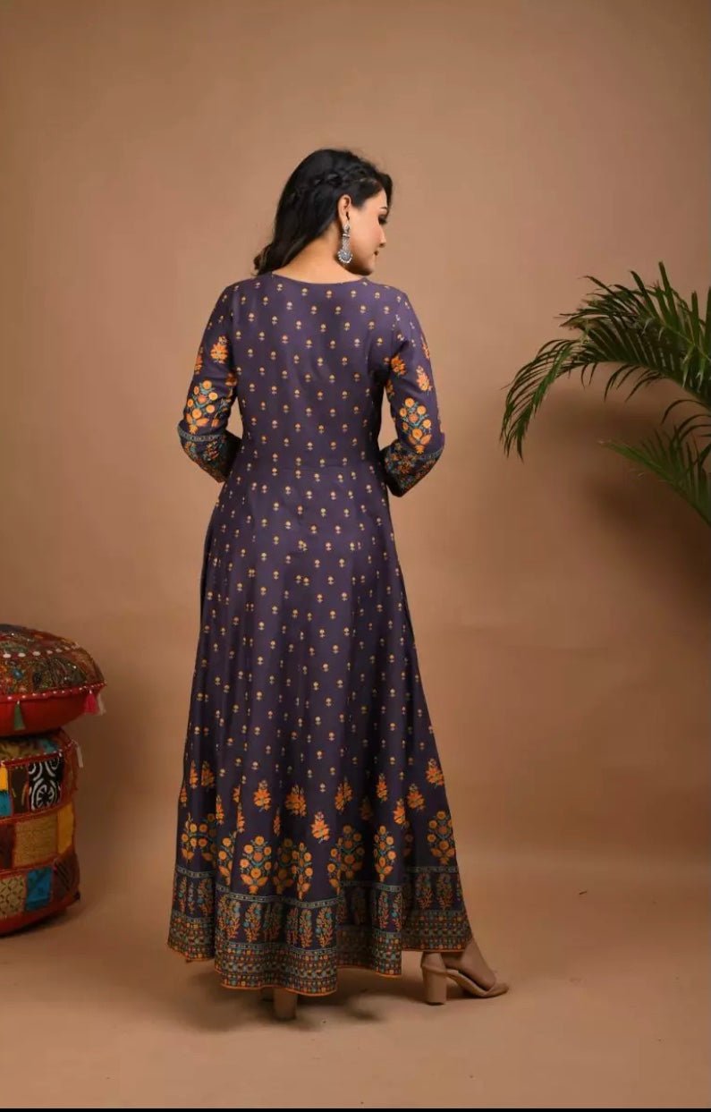 Navy Blue Gold & Peach Printed Rayon Dress - DWEEP SARA