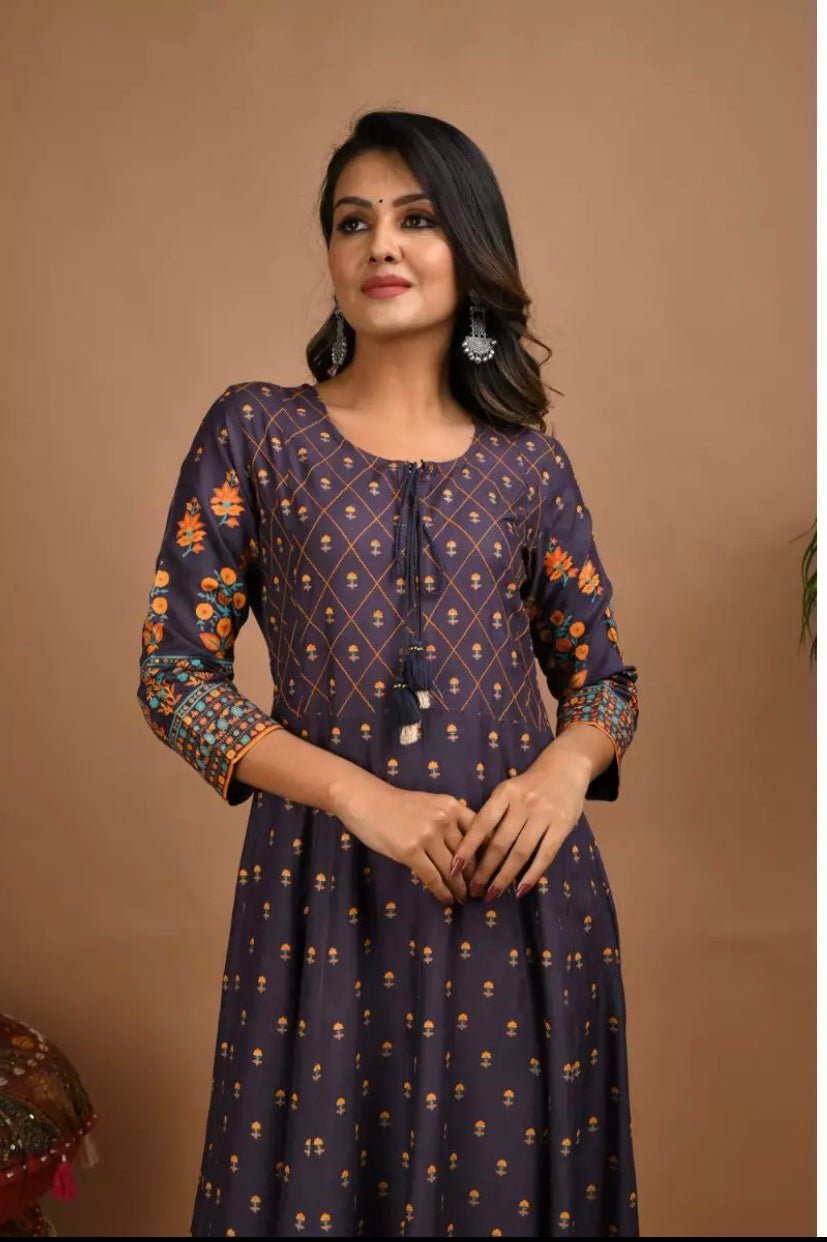 Navy Blue Gold & Peach Printed Rayon Dress - DWEEP SARA