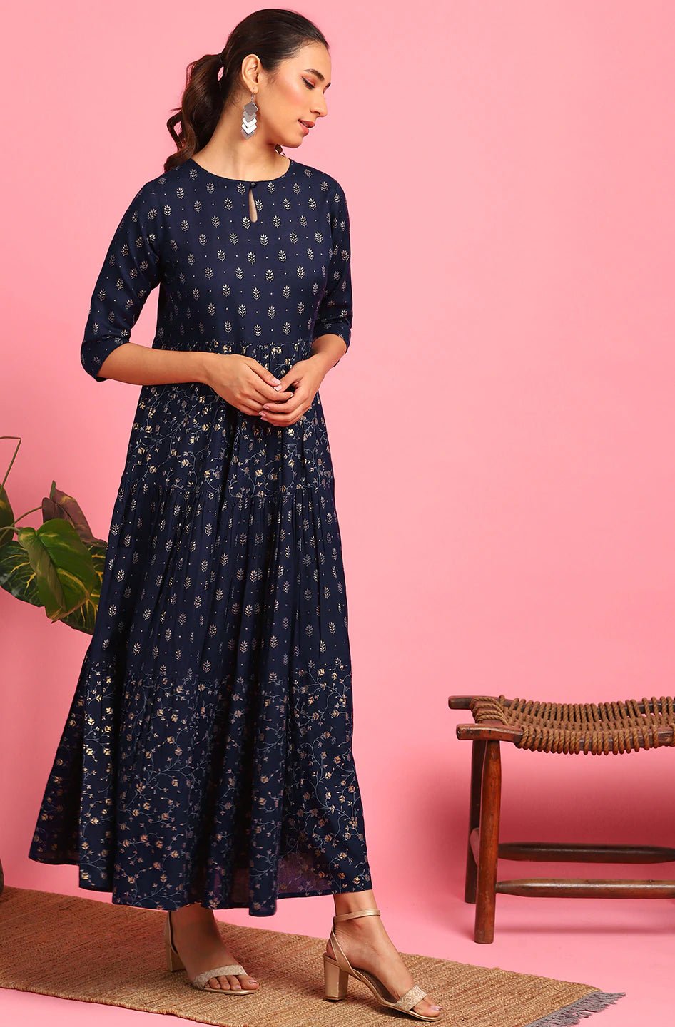 Navy Blue Printed Cotton Flex Dress - DWEEP SARA