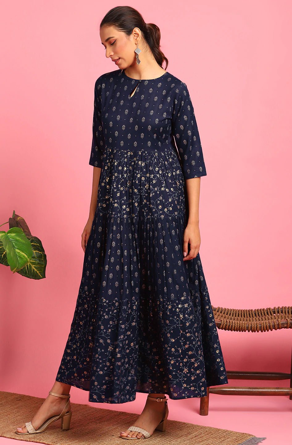 Navy Blue Printed Cotton Flex Dress - DWEEP SARA