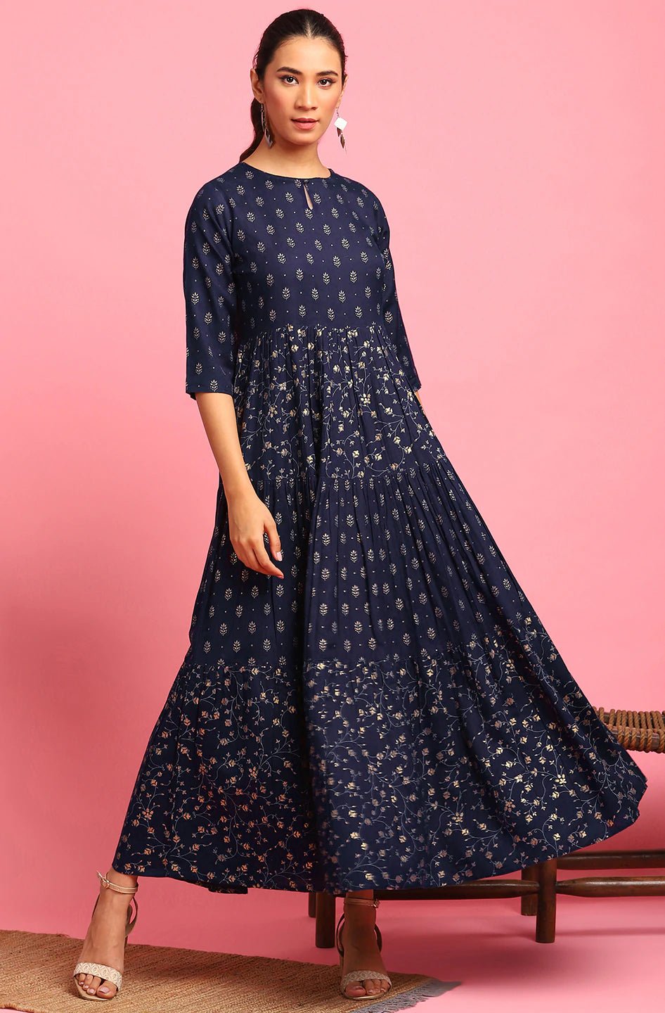 Navy Blue Printed Cotton Flex Dress - DWEEP SARA