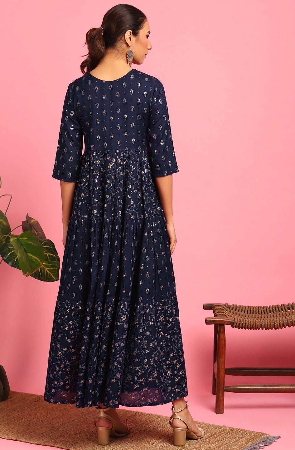 Navy Blue Printed Cotton Flex Dress - DWEEP SARA