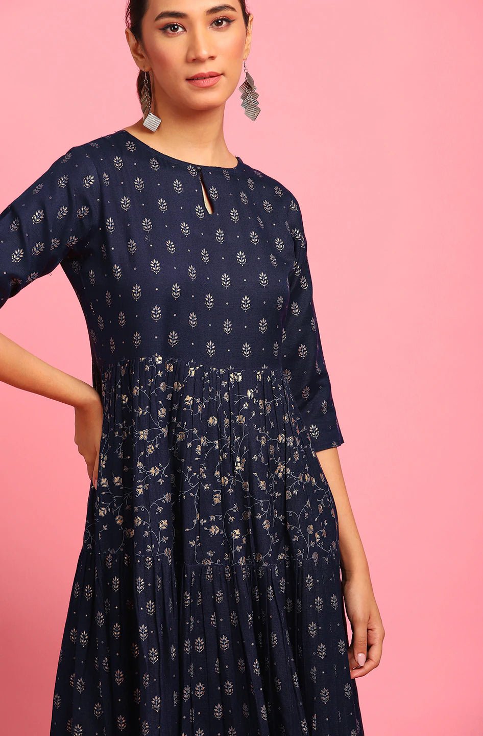 Navy Blue Printed Cotton Flex Dress - DWEEP SARA