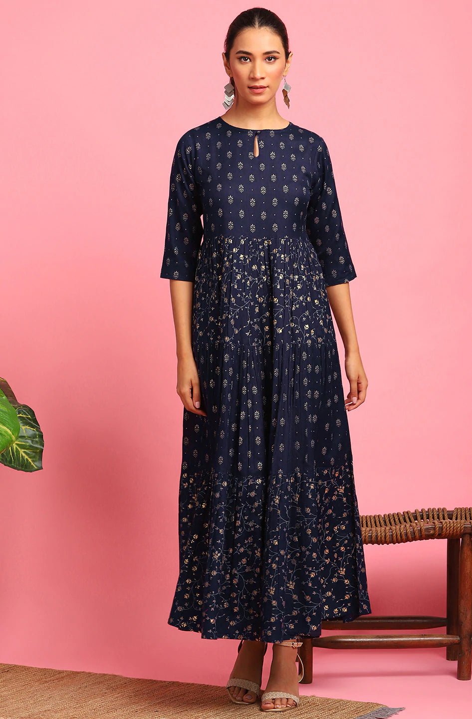 Navy Blue Printed Cotton Flex Dress - DWEEP SARA