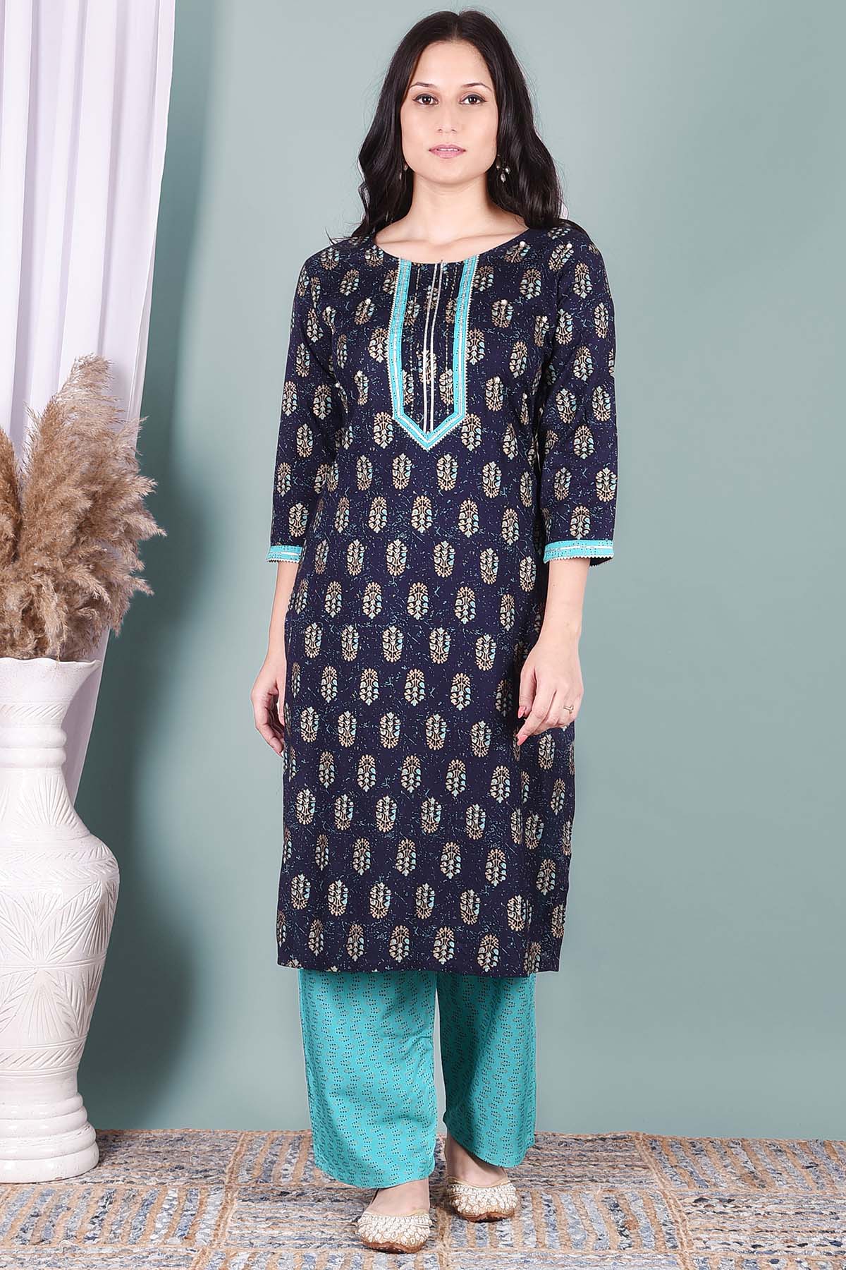 Navy Blue Printed Kurta And Pant Set - DWEEP SARA