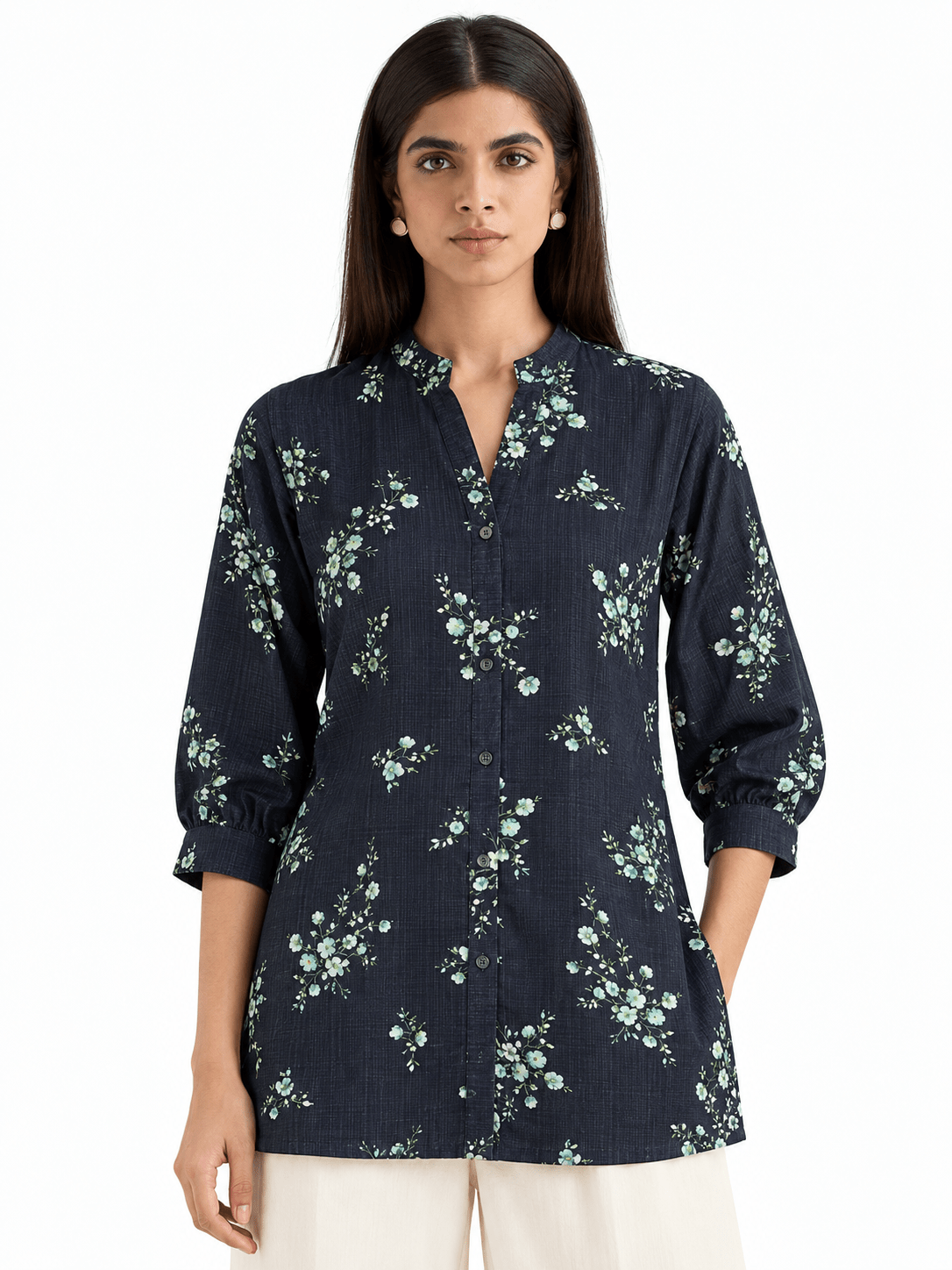 Navy Blue Rayon Blend Floral Printed Straight Short Kurti / Tunic Top - DWEEP SARA