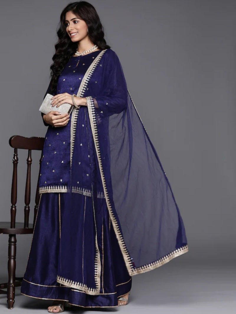 Navy Blue Sequinned Sharara Suit Set - DWEEP SARA