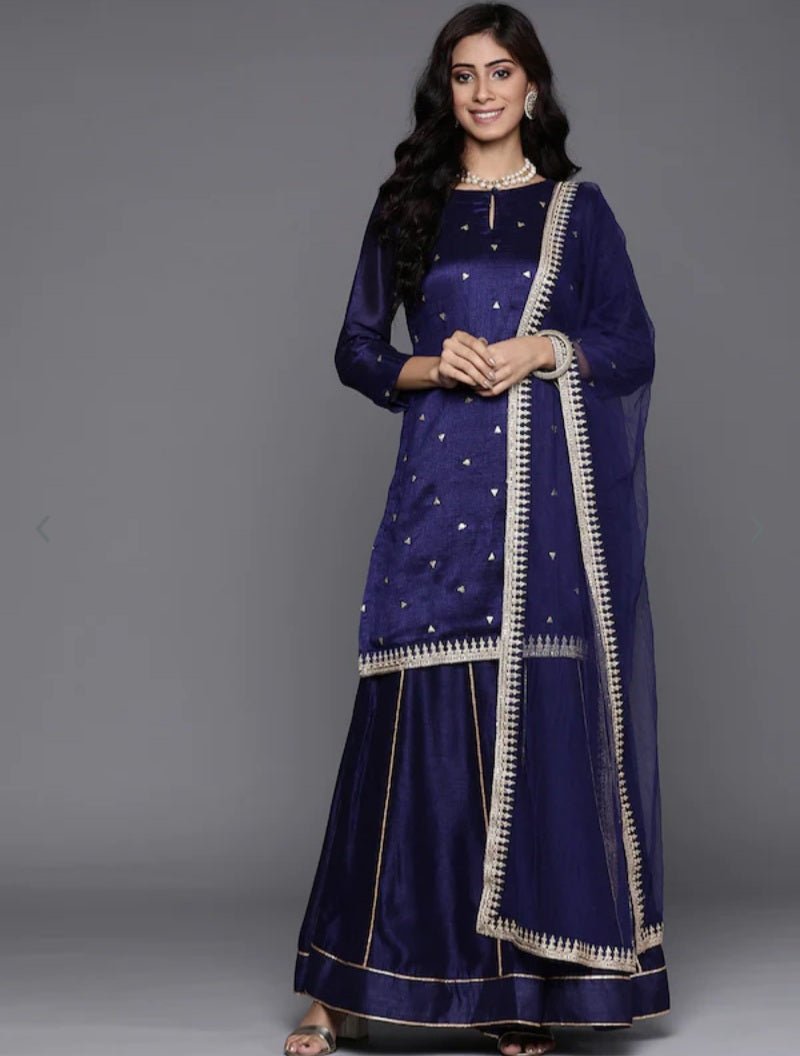 Navy Blue Sequinned Sharara Suit Set - DWEEP SARA