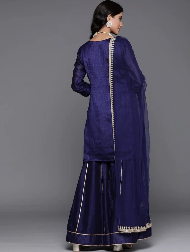 Navy Blue Sequinned Sharara Suit Set - DWEEP SARA