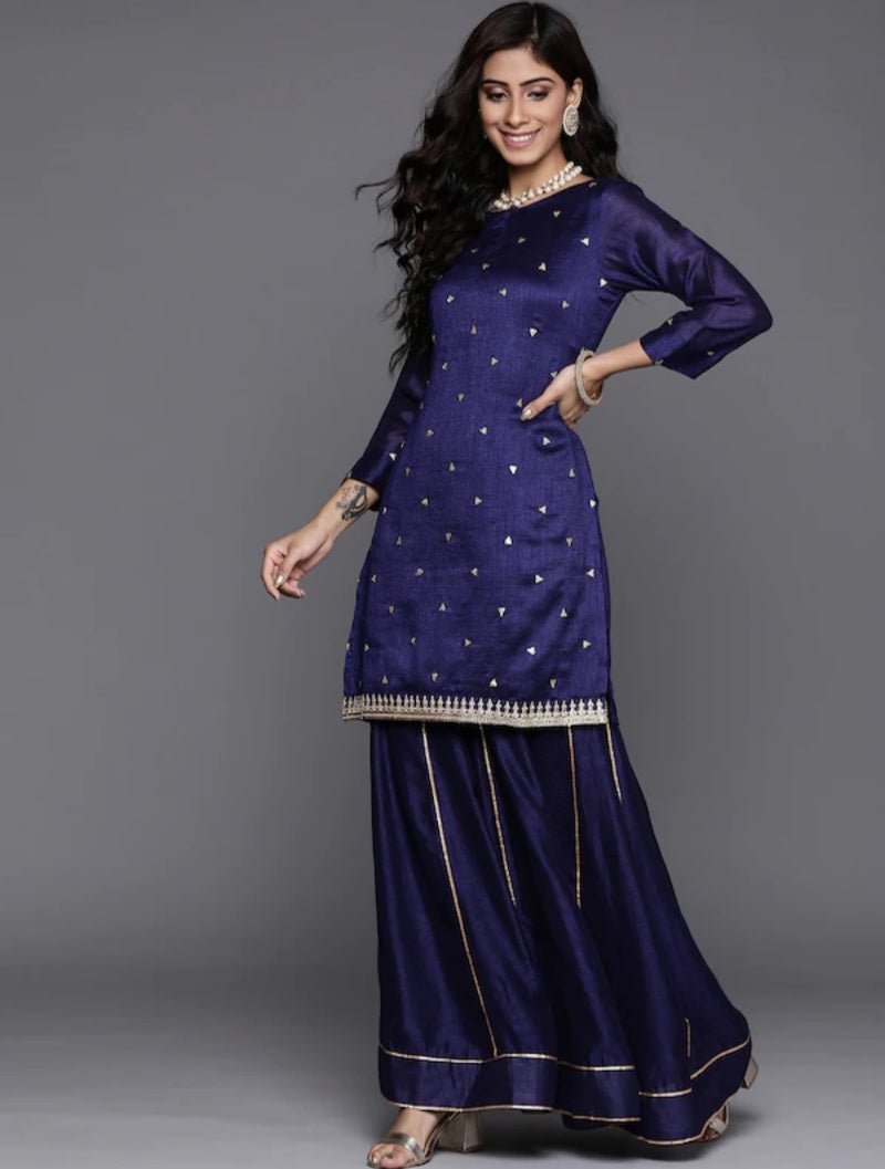 Navy Blue Sequinned Sharara Suit Set - DWEEP SARA