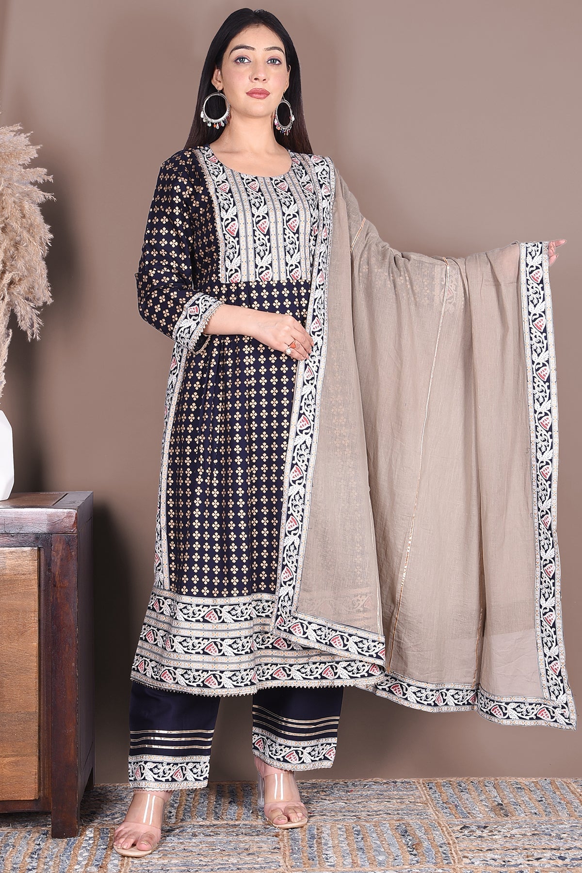 Navy Blue & Silver Print Rayon Kurta Set - DWEEP SARA