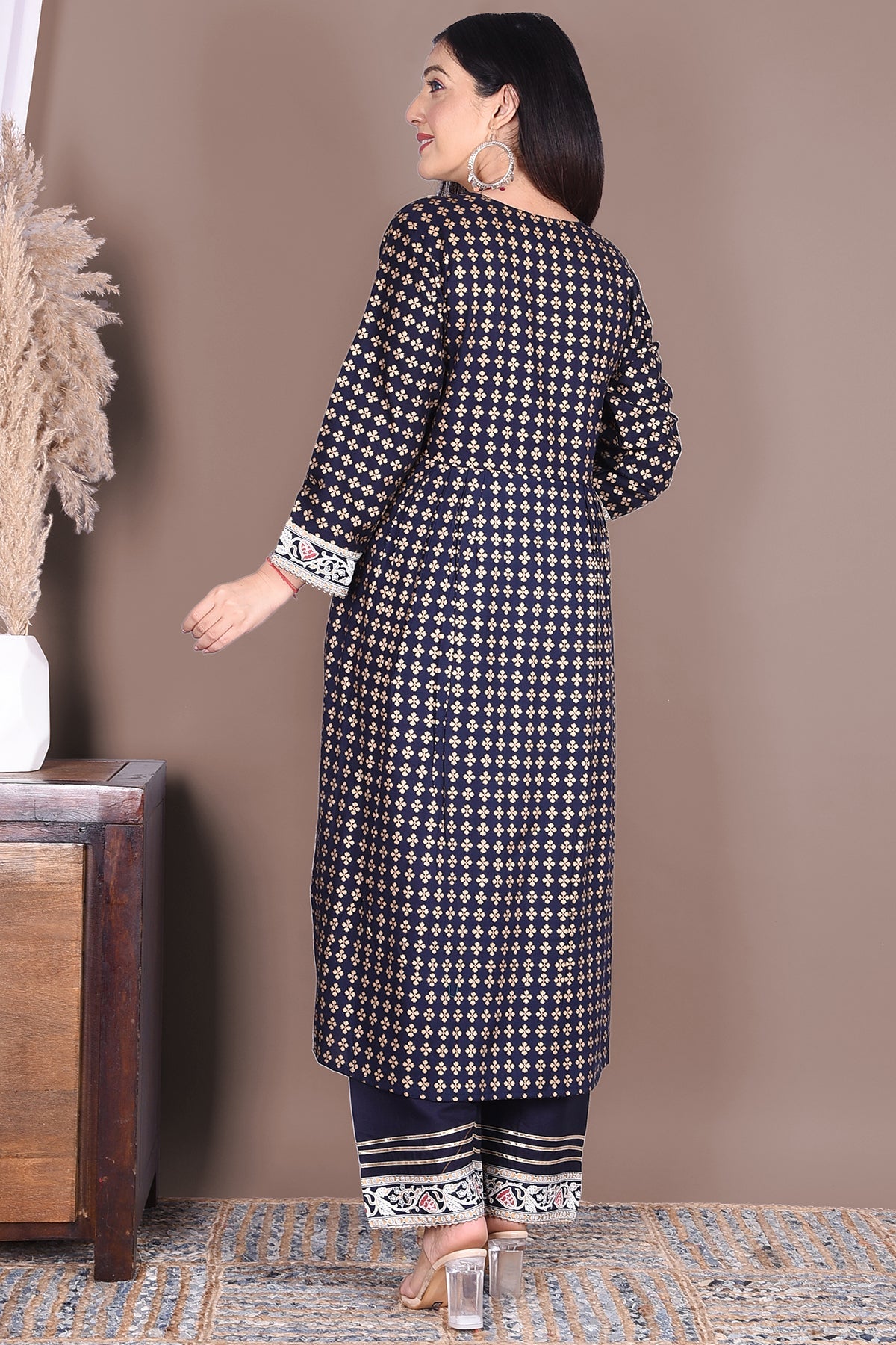 Navy Blue & Silver Print Rayon Kurta Set - DWEEP SARA