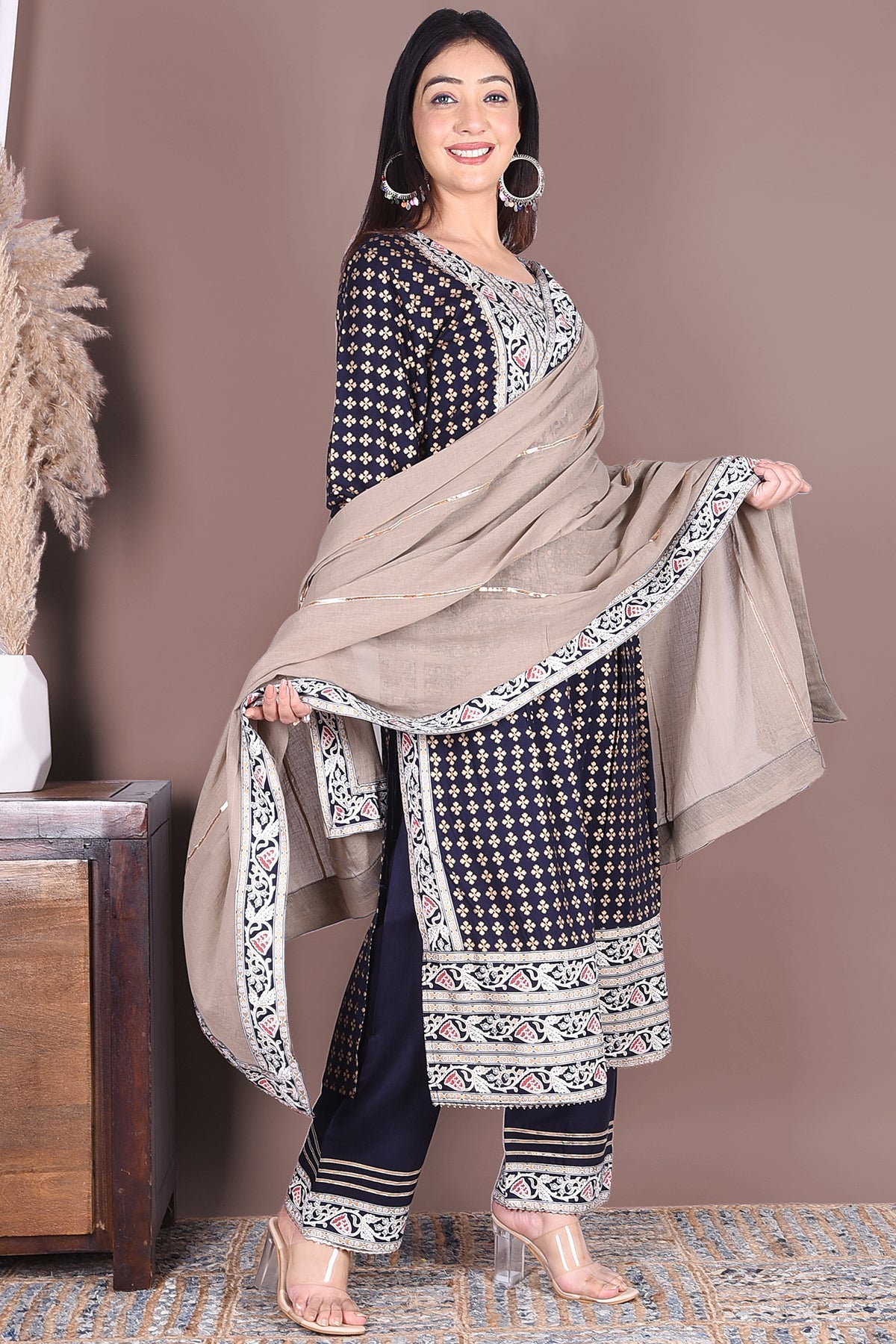 Navy Blue & Silver Print Rayon Kurta Set - DWEEP SARA