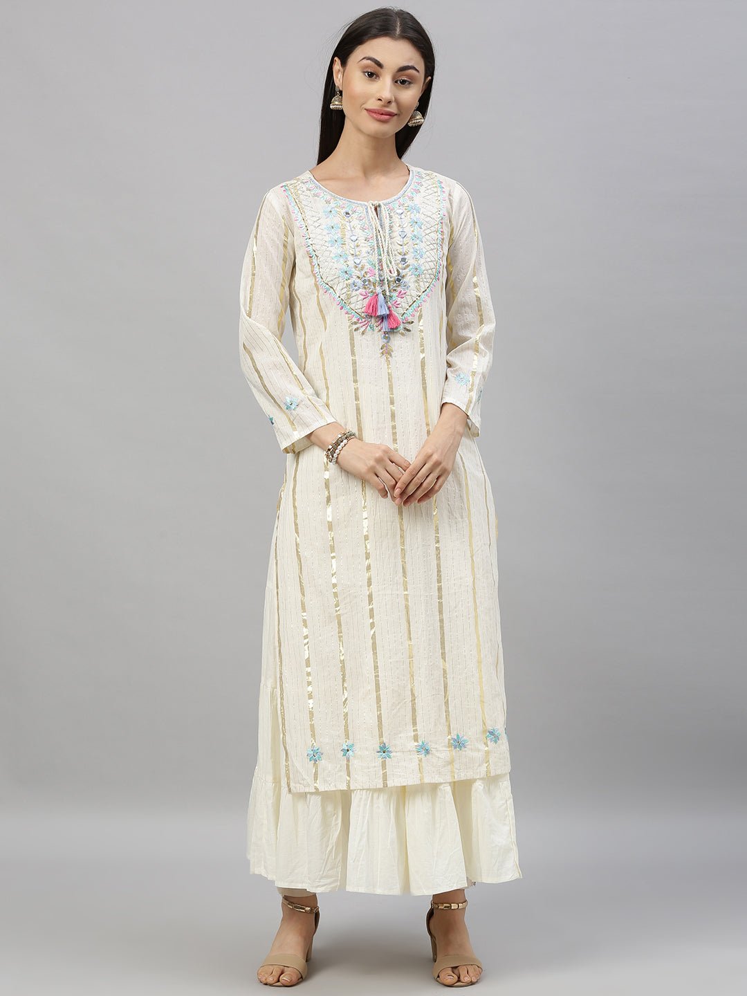 Off - White Embroidered Double - Layered Kurta - DWEEP SARA