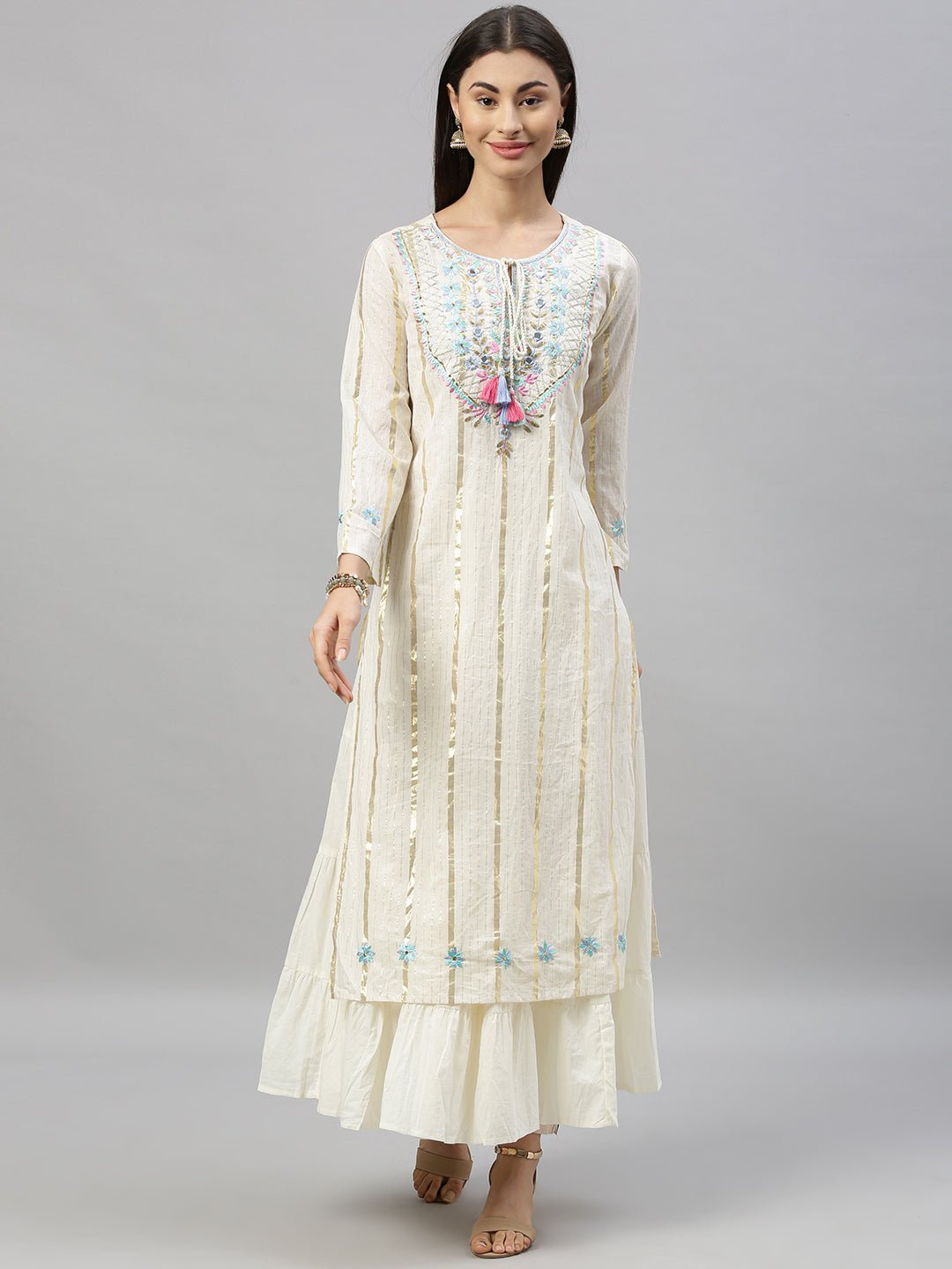 Off - White Embroidered Double - Layered Kurta - DWEEP SARA