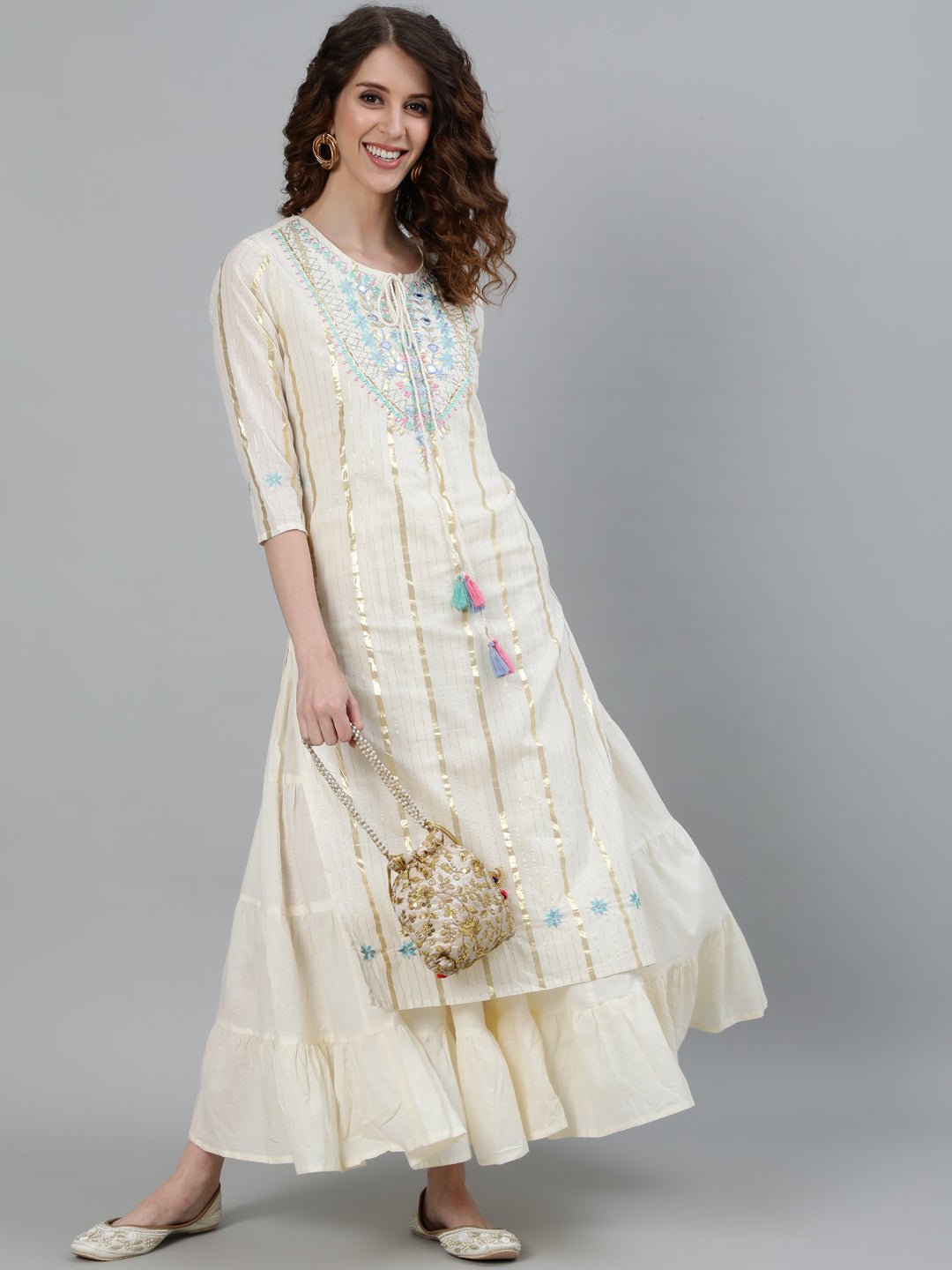 Off - White Embroidered Double - Layered Kurta - DWEEP SARA