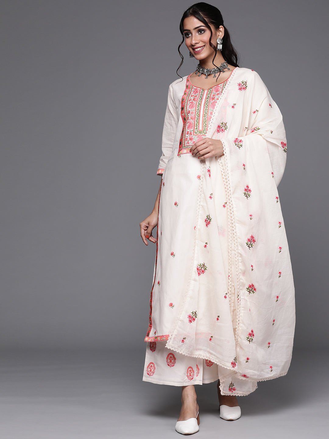 Off - White Floral Embroidered Suit Set - DWEEP SARA