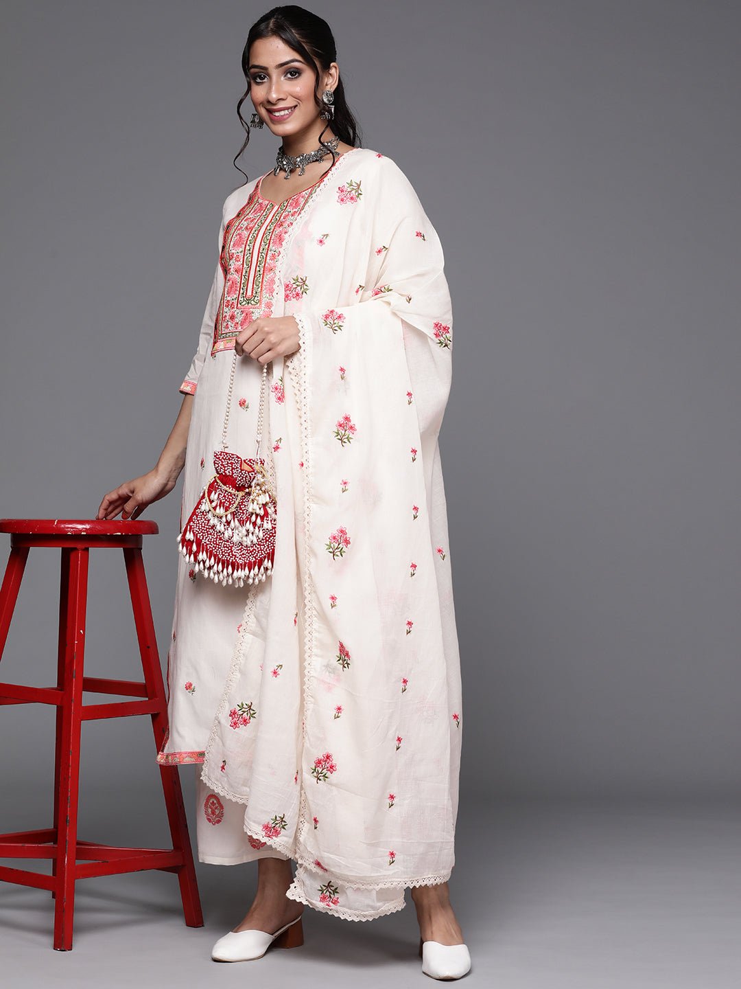 Off - White Floral Embroidered Suit Set - DWEEP SARA