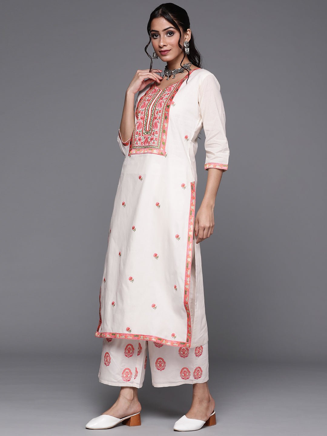 Off - White Floral Embroidered Suit Set - DWEEP SARA