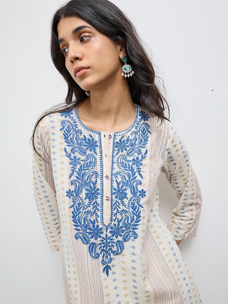Off-White Floral Printed Cotton-Blend Kurta - DWEEP SARA