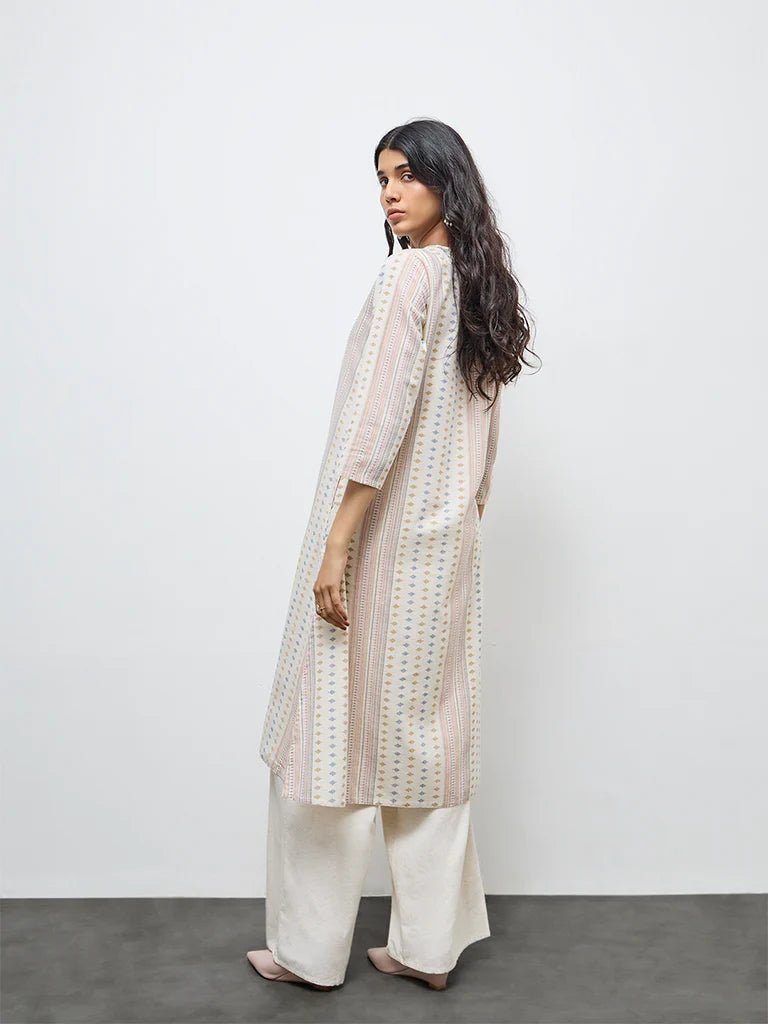 Off-White Floral Printed Cotton-Blend Kurta - DWEEP SARA
