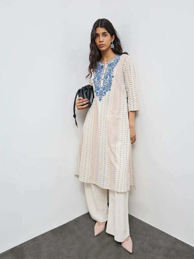 Off-White Floral Printed Cotton-Blend Kurta - DWEEP SARA