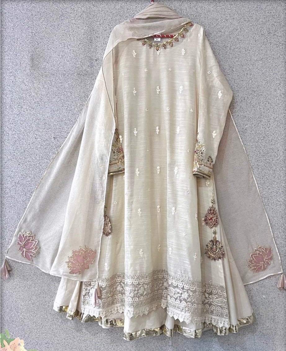 Off White Peppered Cotton Zari Tila Embroidery Suit Set - DWEEP SARA