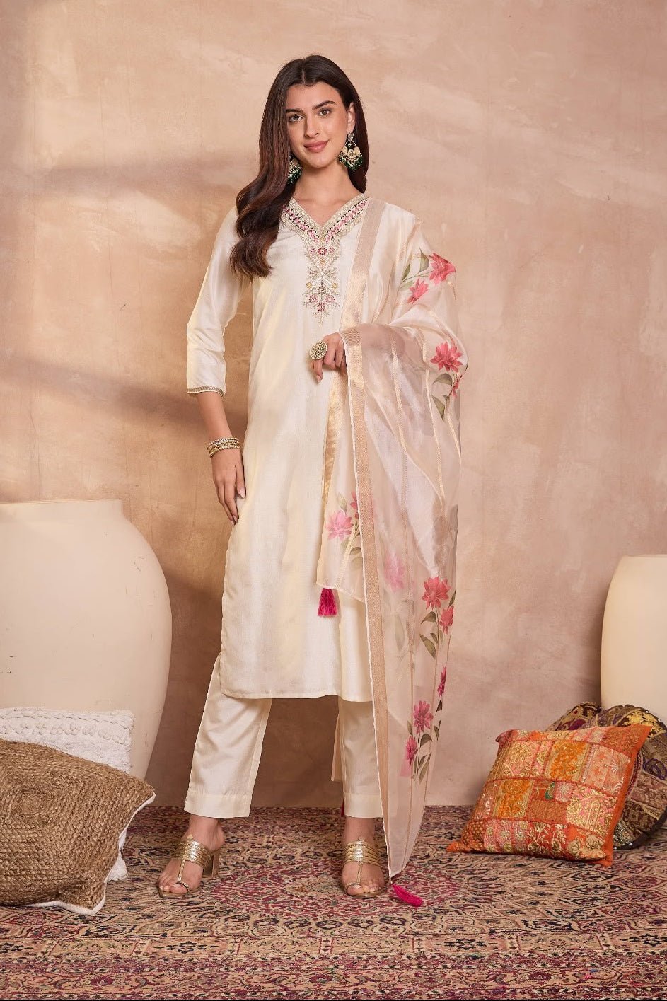 Off White Silk Blend Solid Embroidered Straight Kurta Trouser With Dupatta - DWEEP SARA