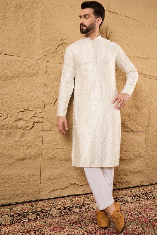 Off White Viscose Rayon Chevron Embroidered Straight Mens Kurta - DWEEP SARA