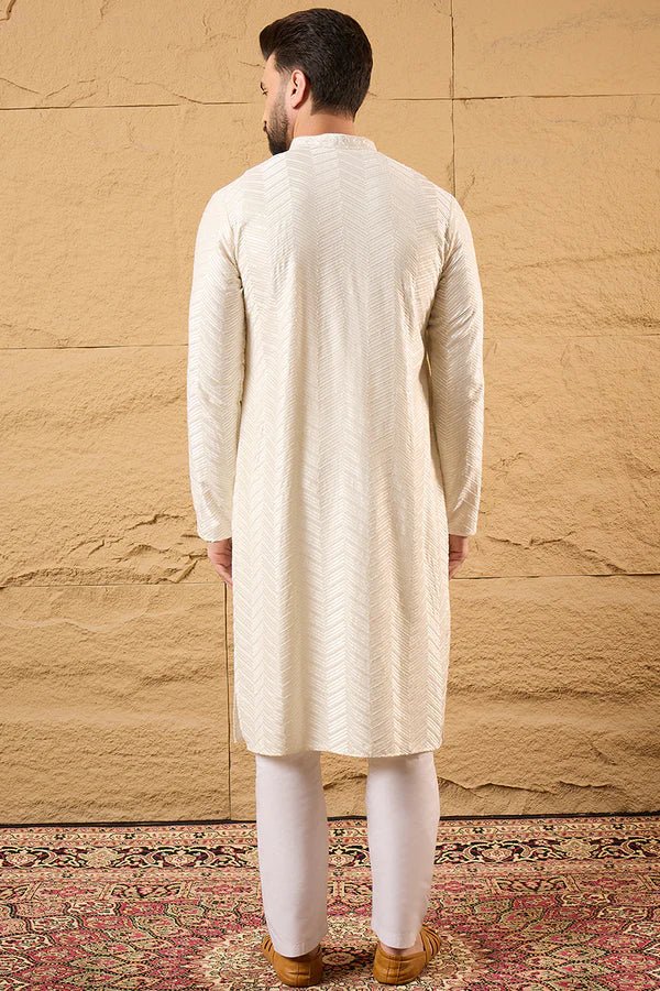 Off White Viscose Rayon Chevron Embroidered Straight Mens Kurta - DWEEP SARA