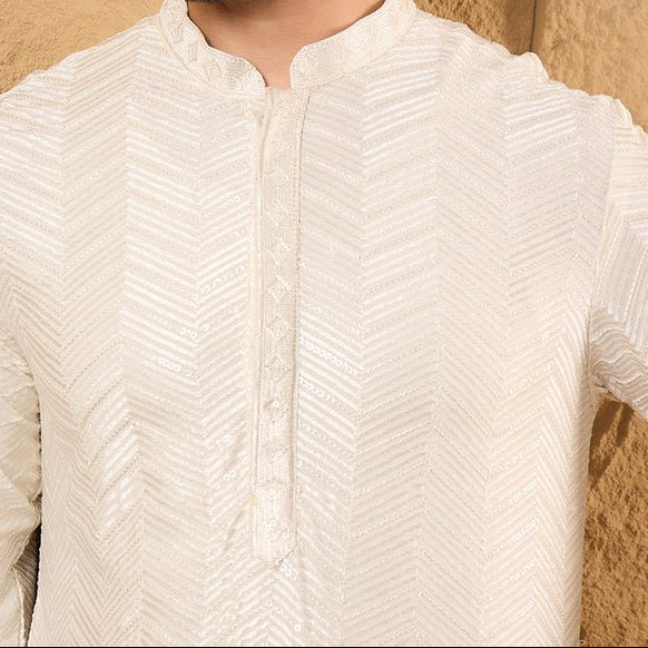 Off White Viscose Rayon Chevron Embroidered Straight Mens Kurta - DWEEP SARA