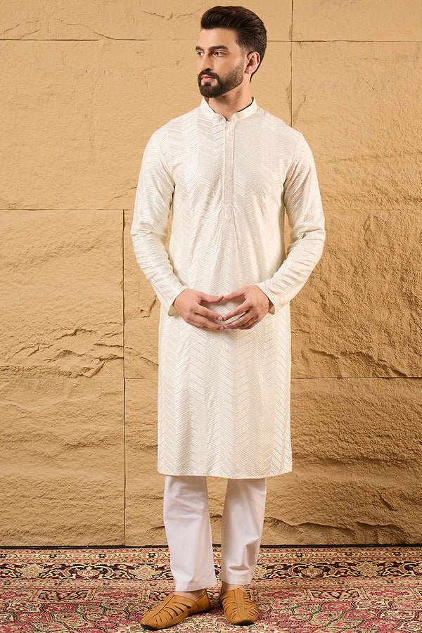 Off White Viscose Rayon Chevron Embroidered Straight Mens Kurta - DWEEP SARA