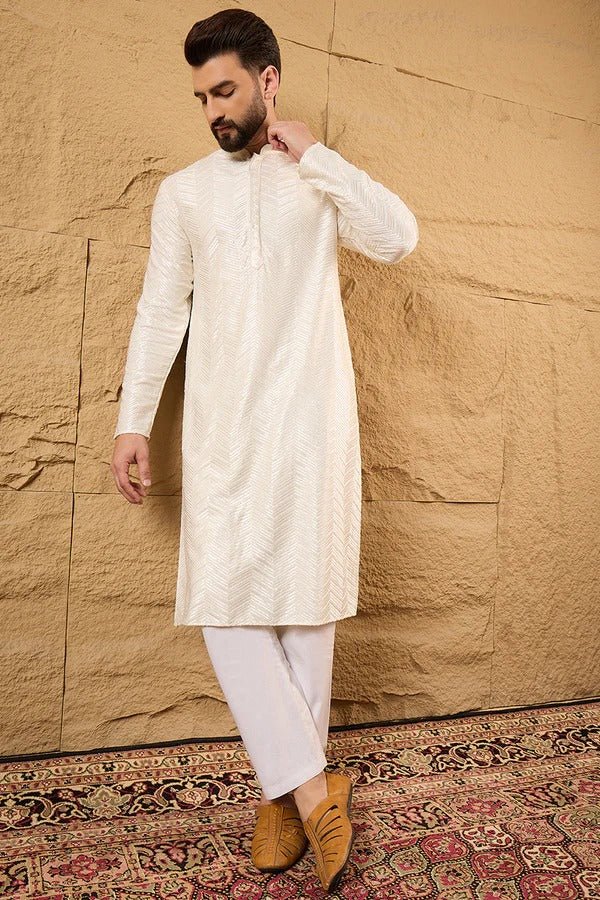 Off White Viscose Rayon Chevron Embroidered Straight Mens Kurta - DWEEP SARA