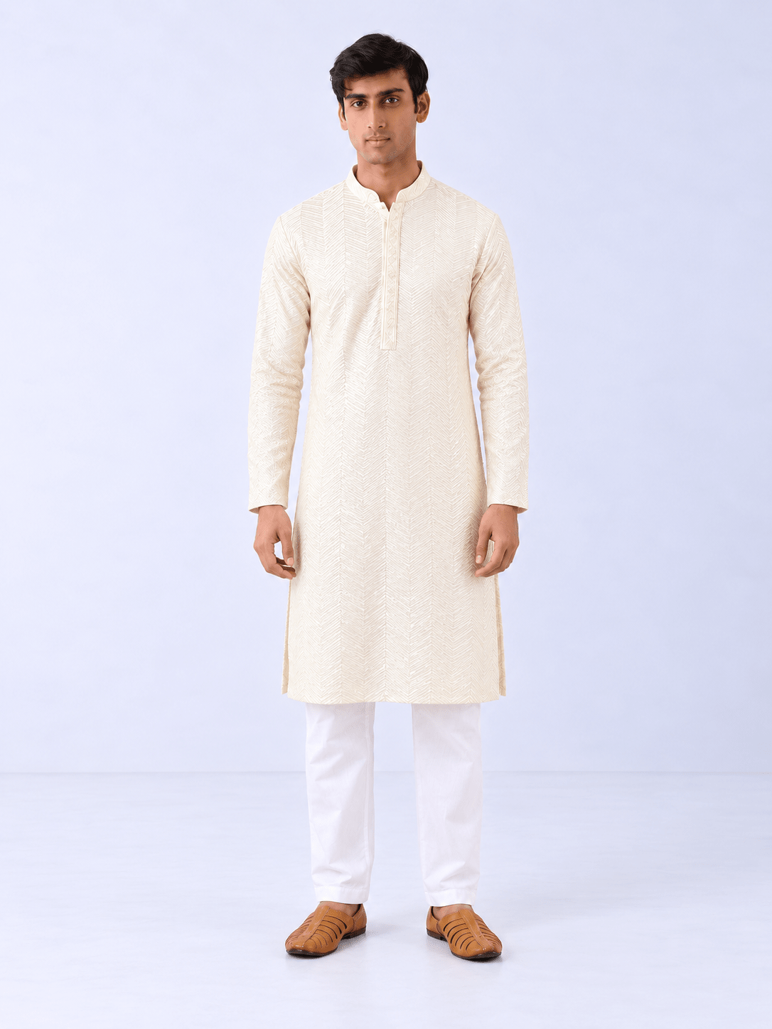 Off White Viscose Rayon Chevron Embroidered Straight Mens Kurta - DWEEP SARA