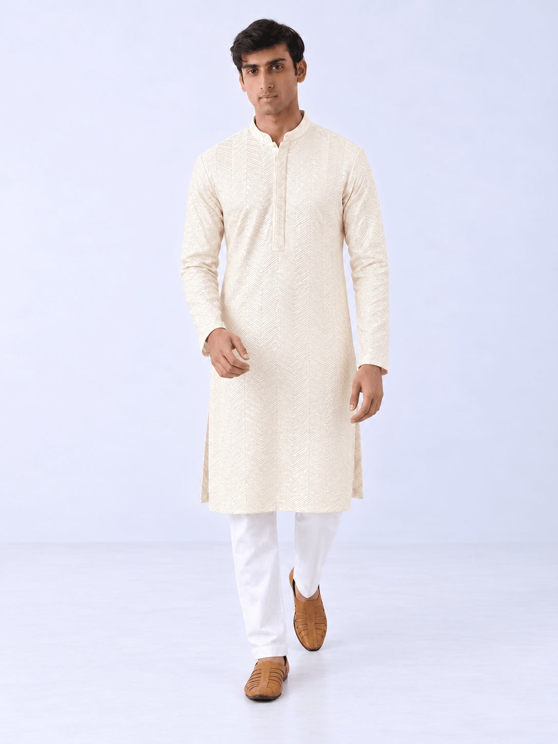 Off White Viscose Rayon Chevron Embroidered Straight Mens Kurta - DWEEP SARA