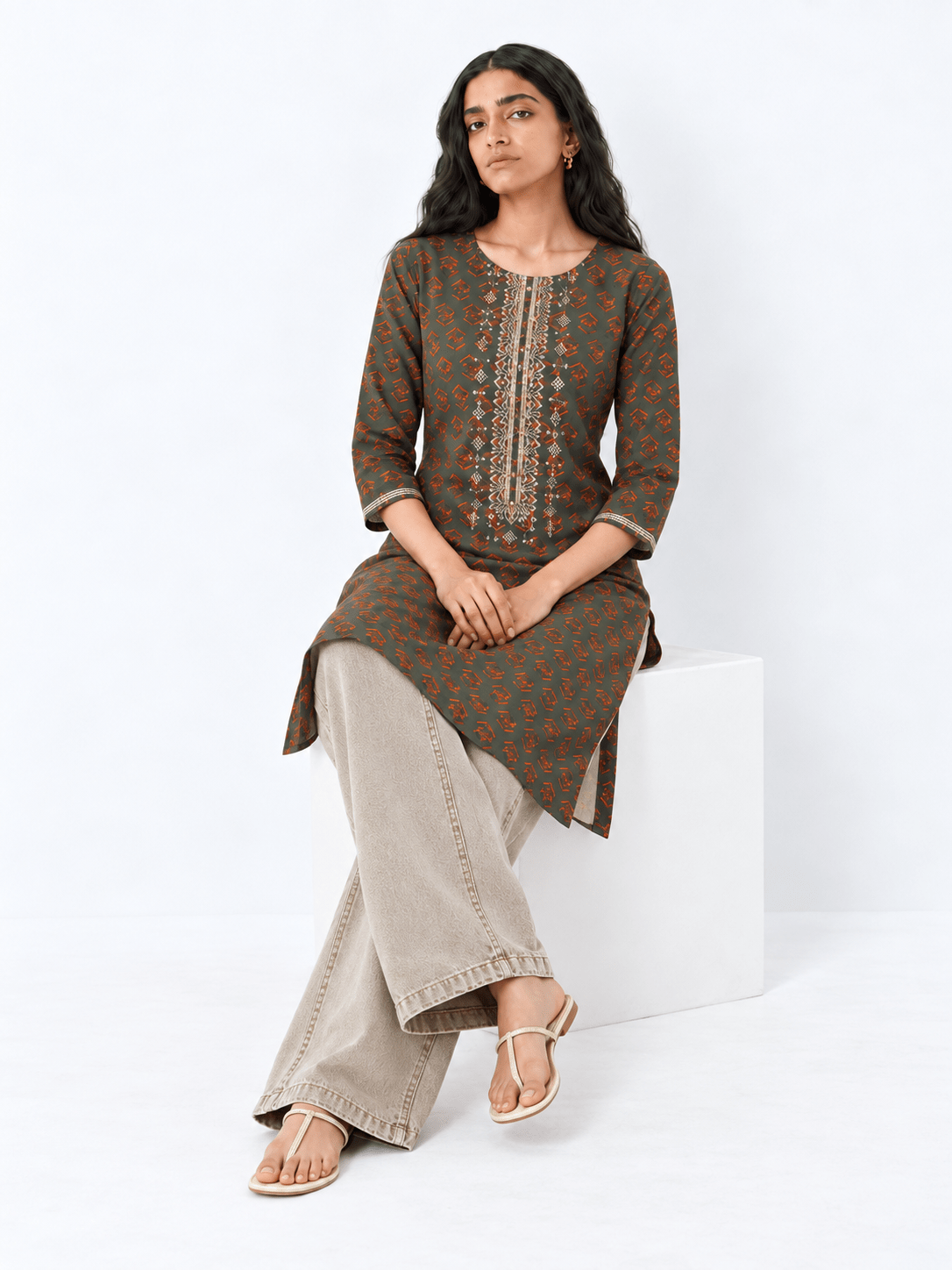 Olive Cotton Blend Floral Embroidered Straight Kurta for Women - DWEEP SARA
