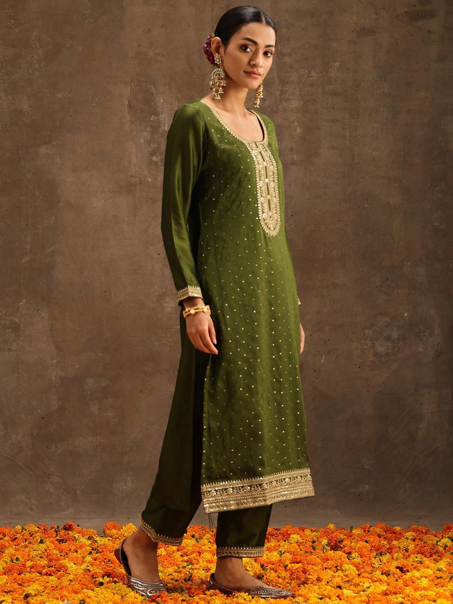 Olive Embroidered Silk Blend Suit set With Trousers - DWEEP SARA