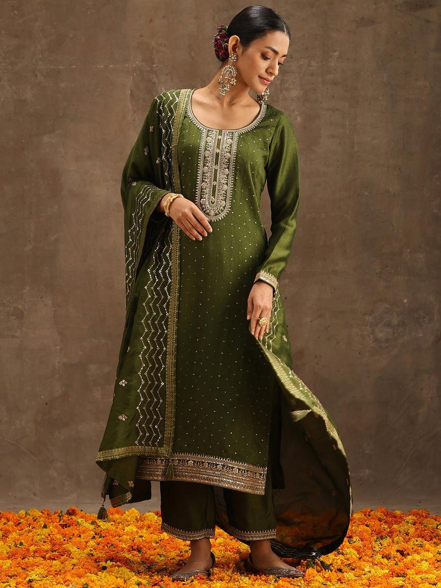 Olive Embroidered Silk Blend Suit set With Trousers - DWEEP SARA