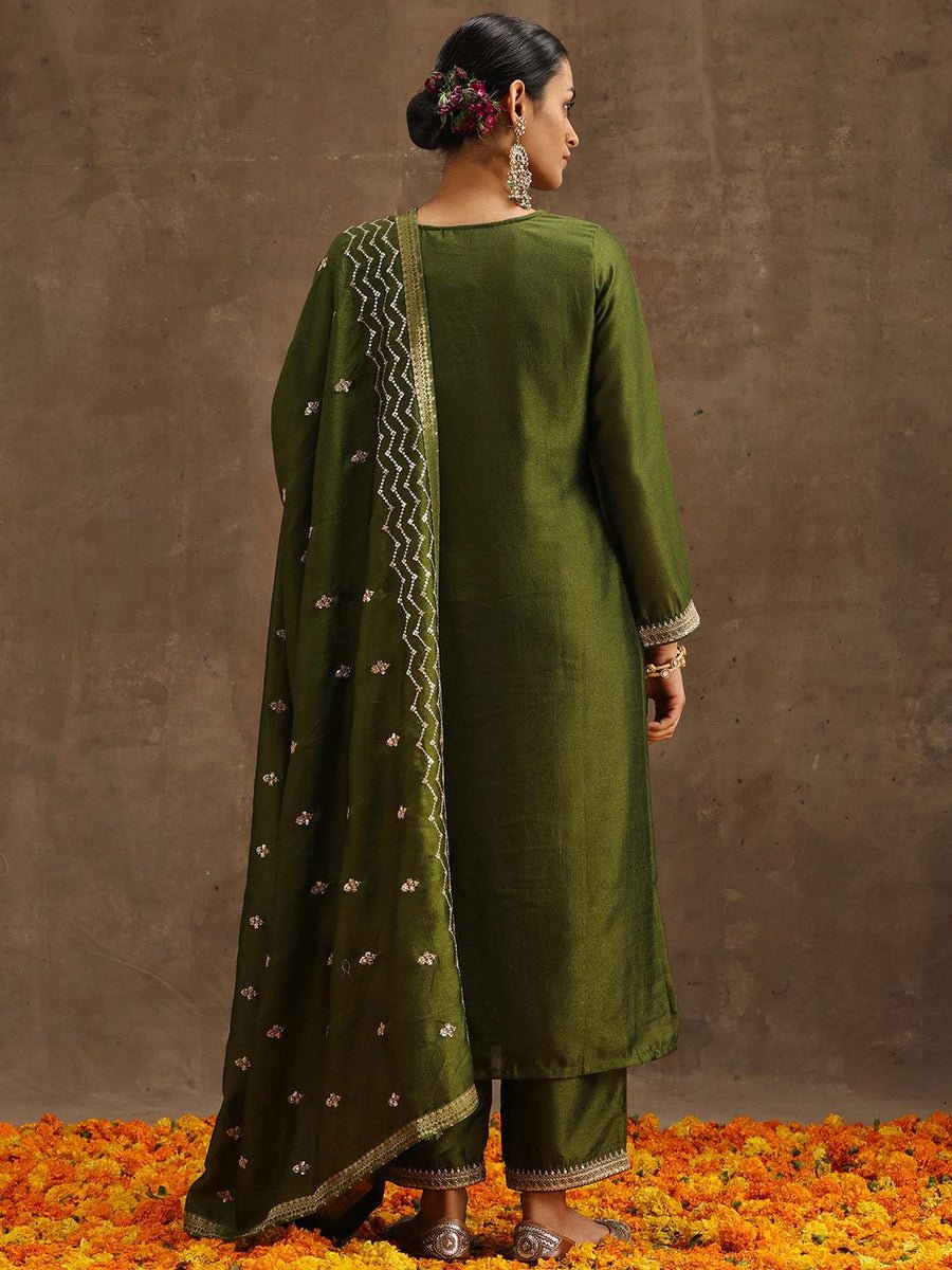 Olive Embroidered Silk Blend Suit set With Trousers - DWEEP SARA